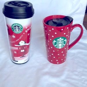 Starbucks Holiday set of 2 mugs. One ceramic 14 oz, one plastic 16 oz
